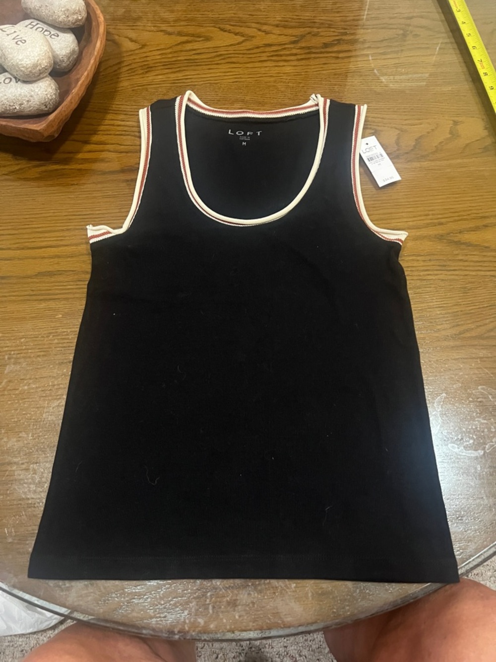 LOFT Black Tank Top with Cream and Rust-Trimmed Neckline NWT